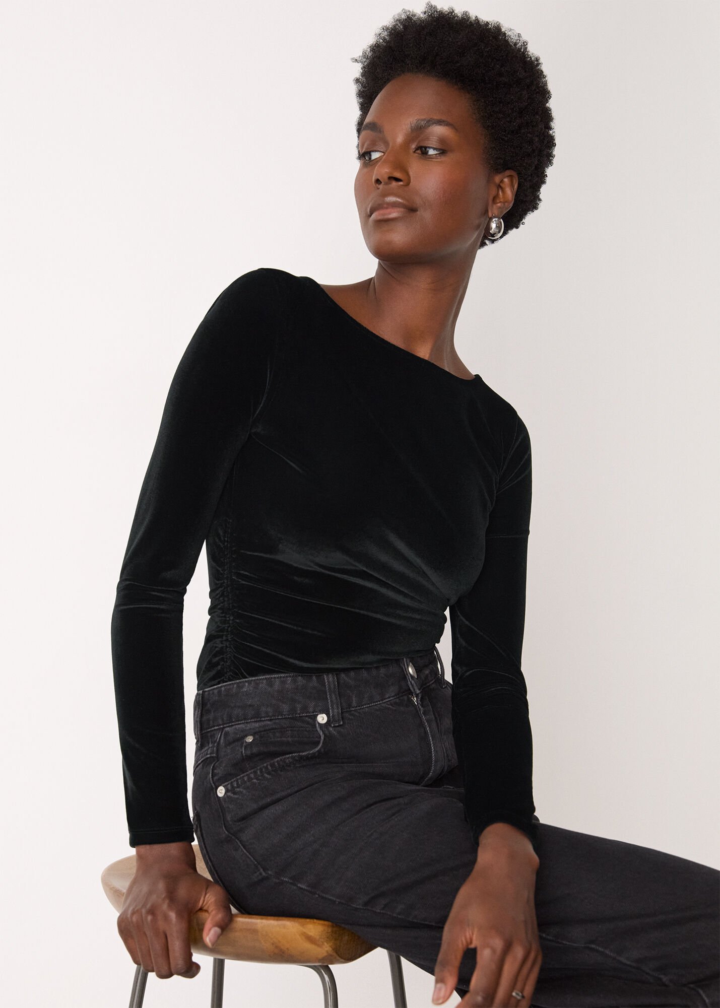 Black Straight Neck Velvet Top | WHISTLES | Whistles US |